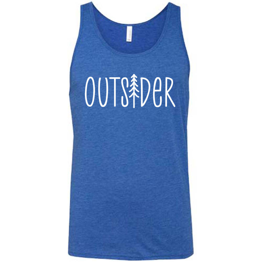 Blue colored tank with a tree graphic on it that says "Outsider" 