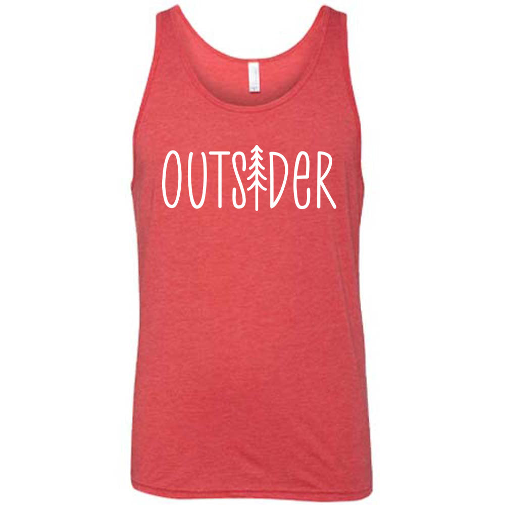 Red colored tank with a tree graphic on it that says "Outsider" 