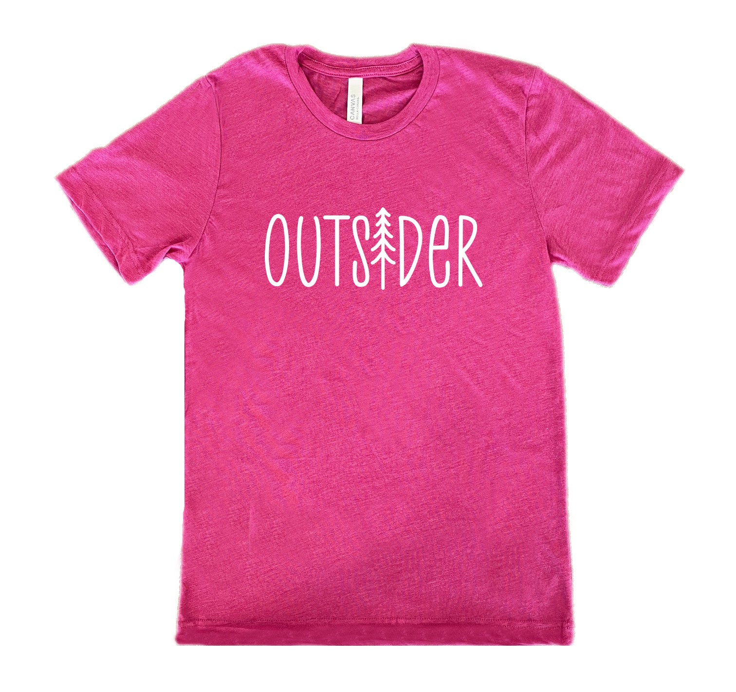 Berry colored shirt with a tree graphic on it that says "Outsider" 