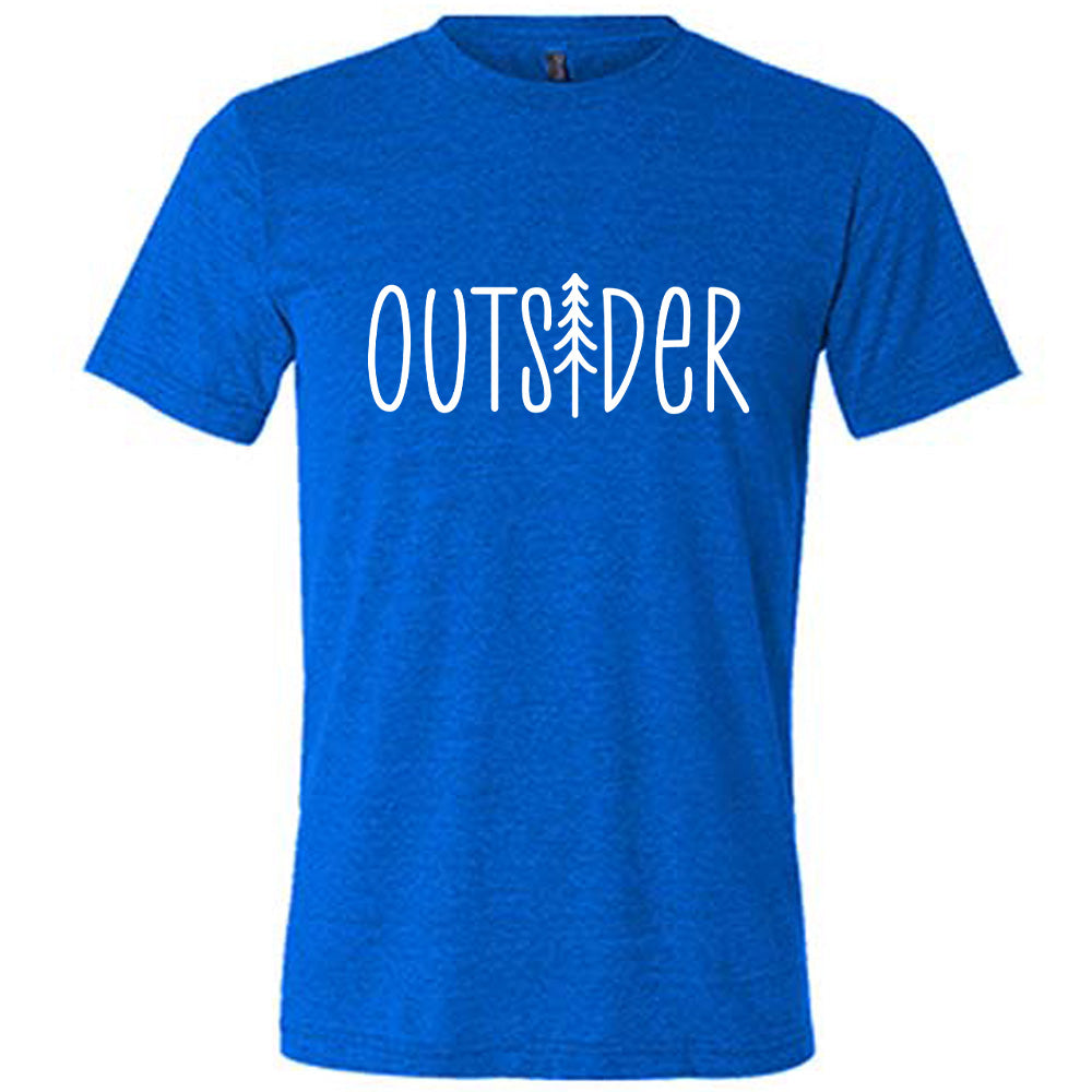Blue colored shirt with a tree graphic on it that says "Outsider" 