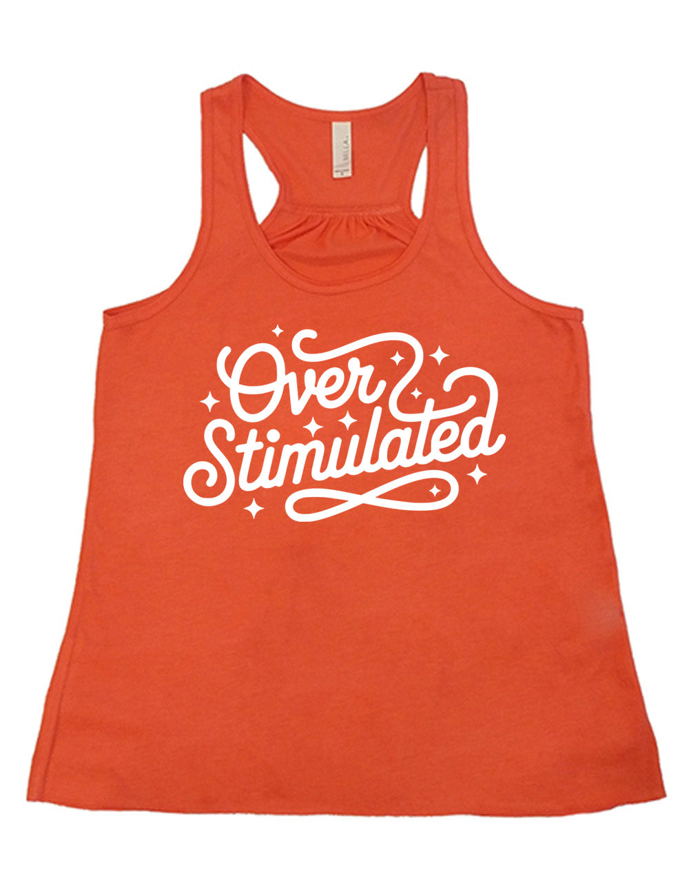 coral flowy racerback tank with the words "over stimulated" on it, with some stars and curving lines around them