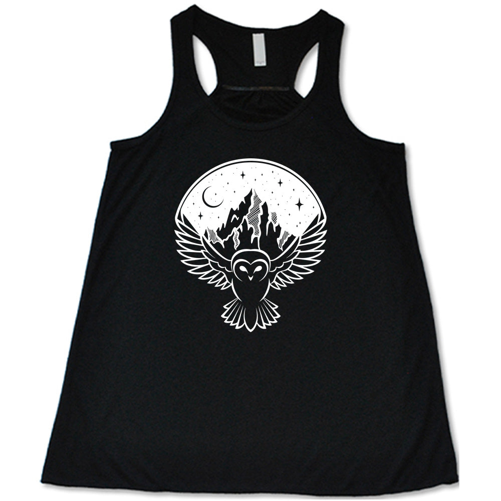 Black colored flowy tank with night sky owl and mountain graphic on it