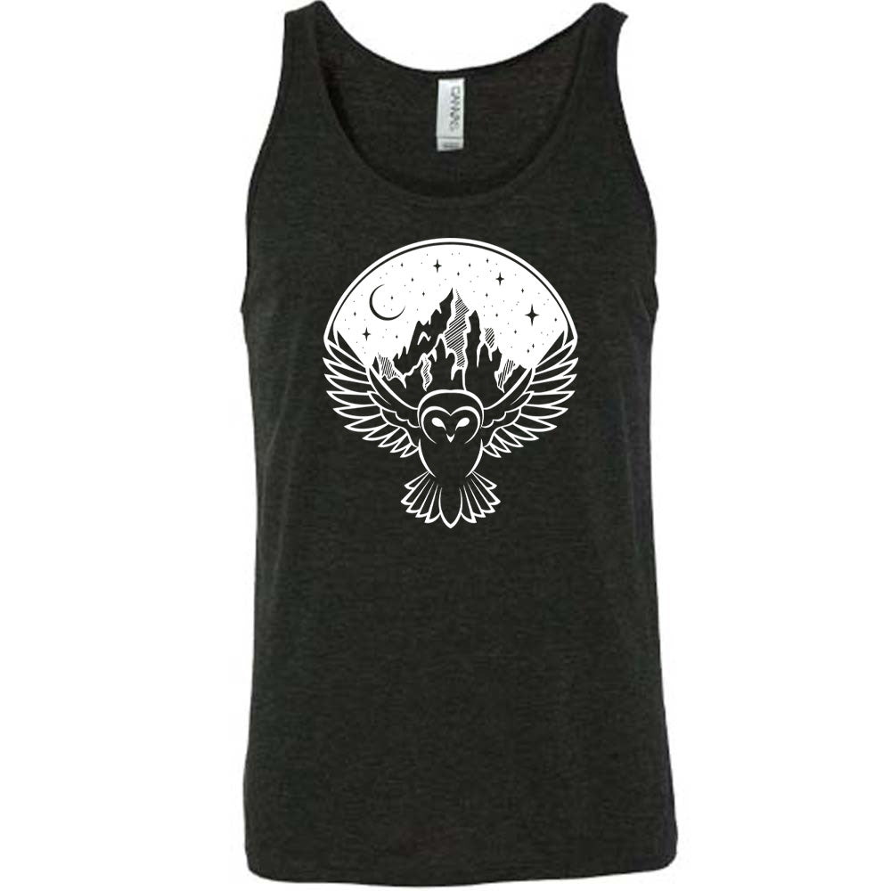 Black colored tank with night sky owl and mountain graphic on it