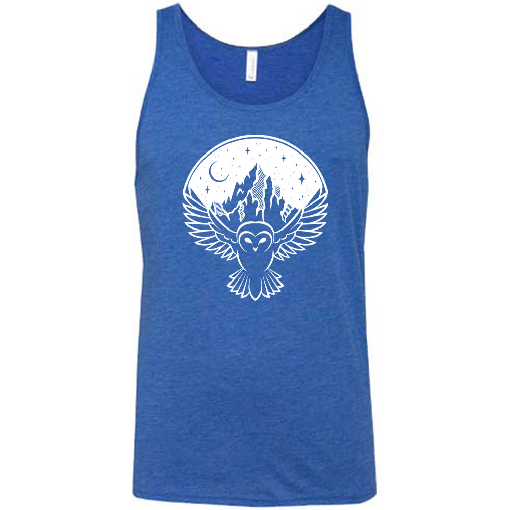 Blue colored tank with night sky owl and mountain graphic on it