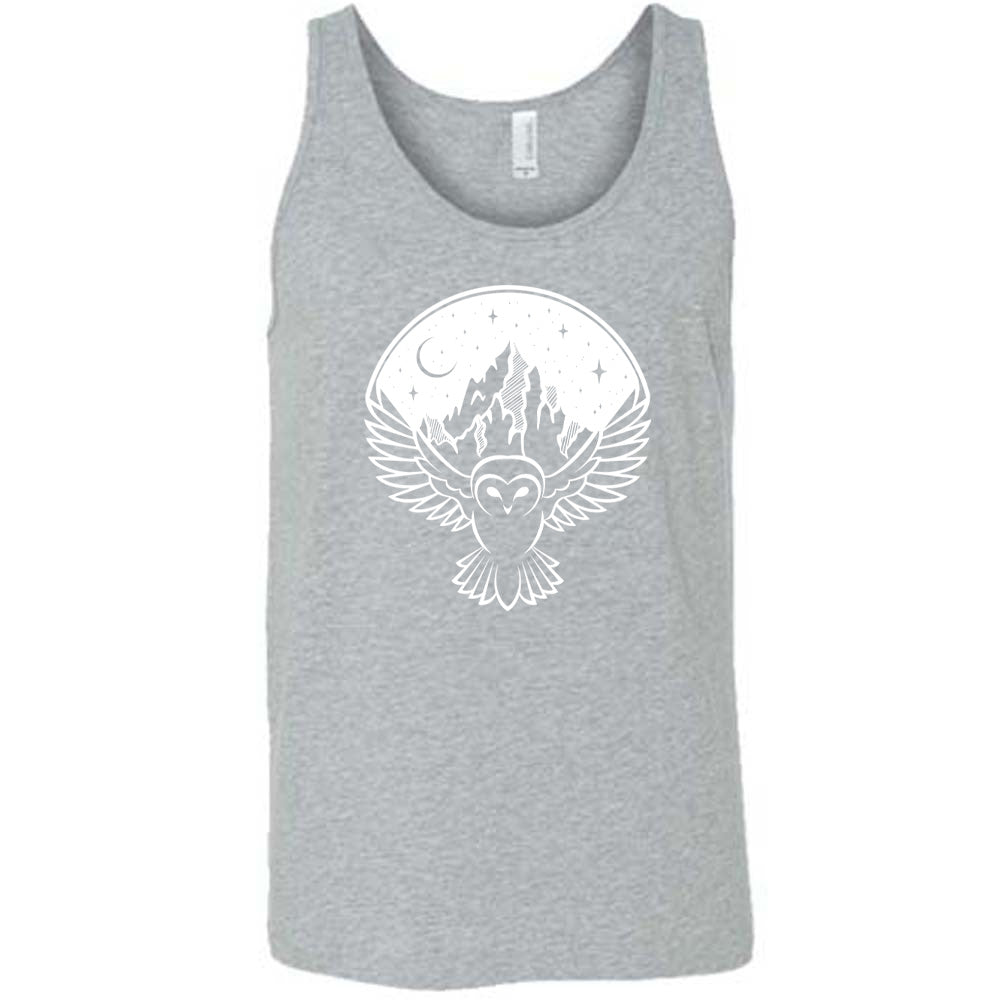 Grey colored tank with night sky owl and mountain graphic on it