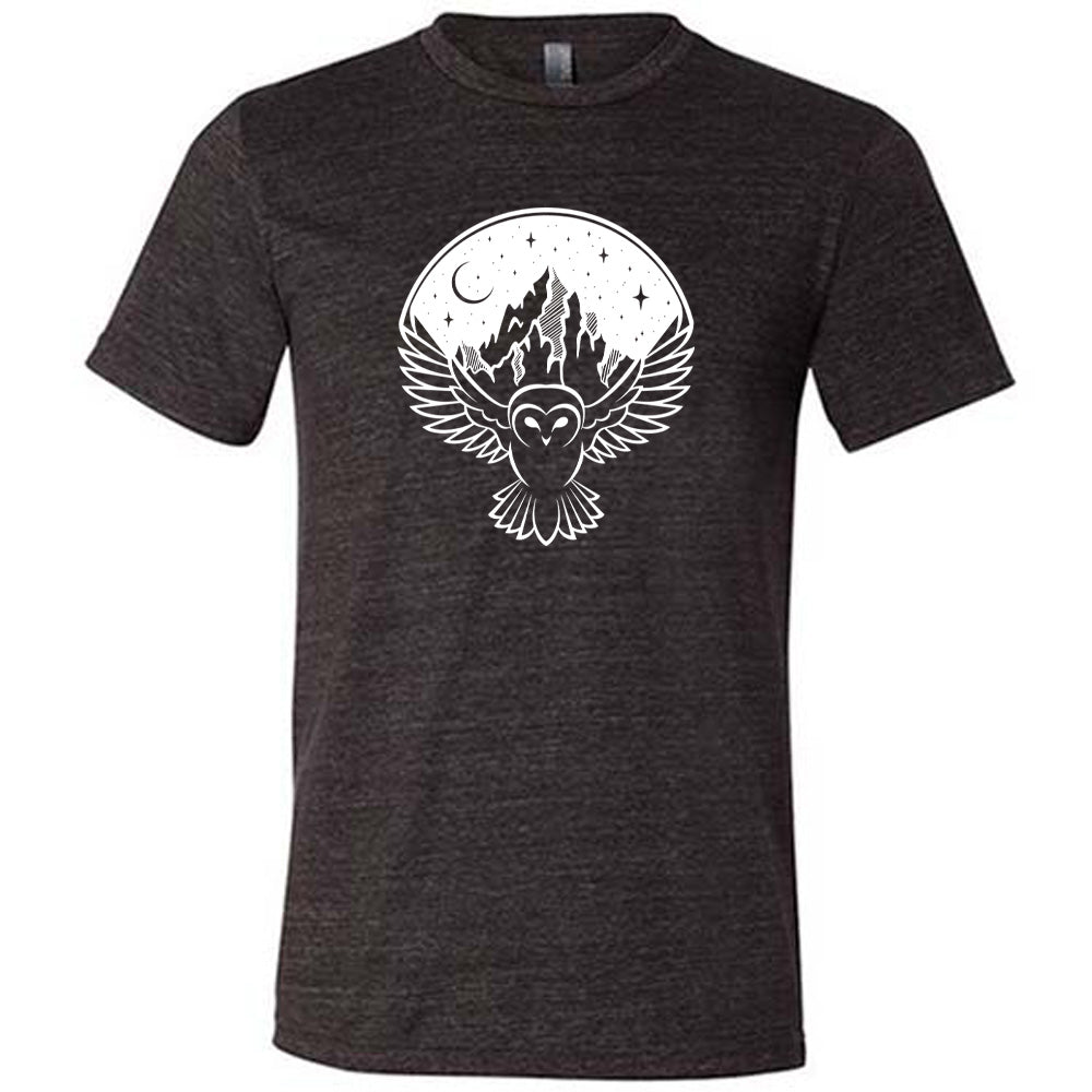 Black colored shirt with night sky owl and mountain graphic on it