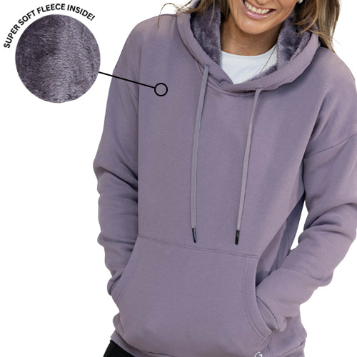 close up of the fleece inside of the purple sweatshirt