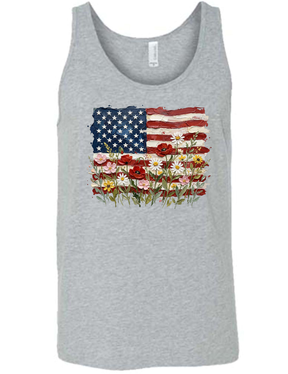 grey unisex tank with the graphic of an American flag with flowers in front of it, with the style of the graphic looking made of oil paint 