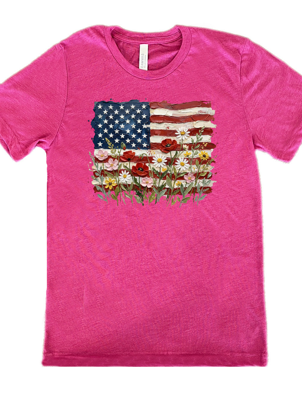 berry unisex tee with the graphic of an American flag with flowers in front of it, with the style of the graphic looking made of oil paint 