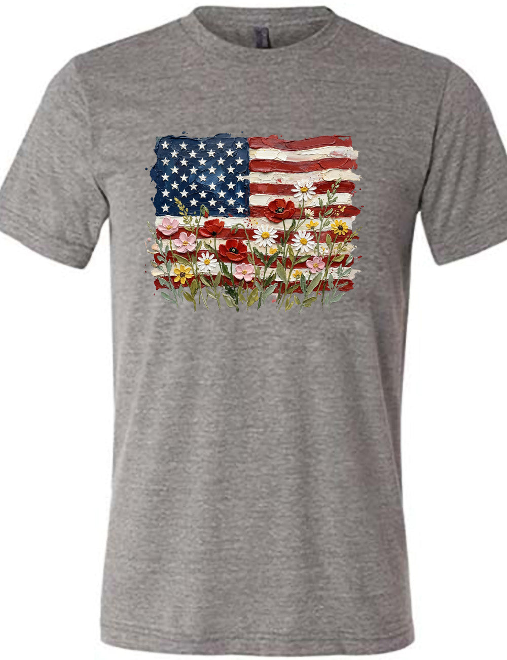 grey unisex tee with the graphic of an American flag with flowers in front of it, with the style of the graphic looking made of oil paint 