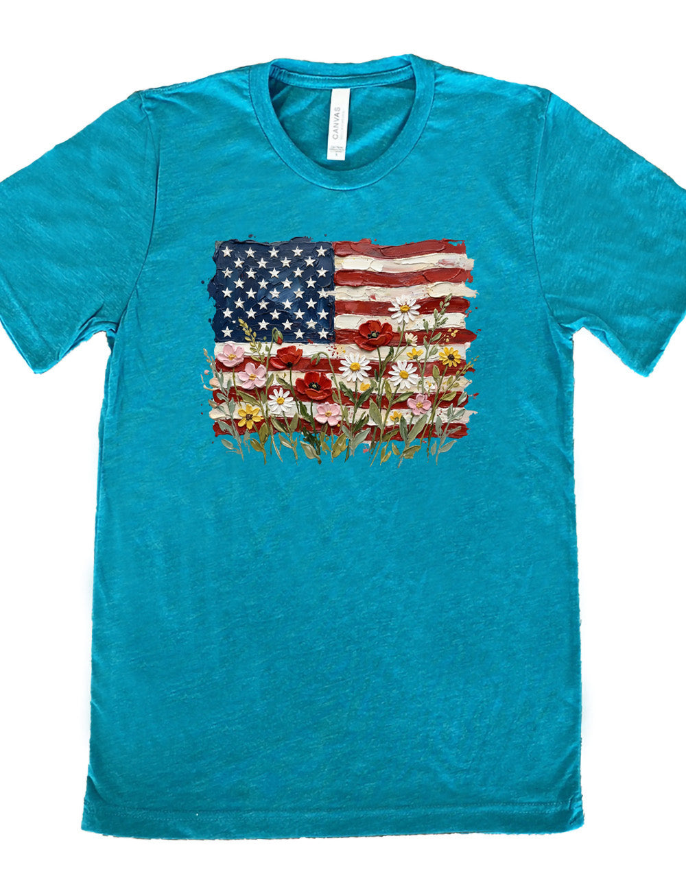teal unisex tee with the graphic of an American flag with flowers in front of it, with the style of the graphic looking made of oil paint 