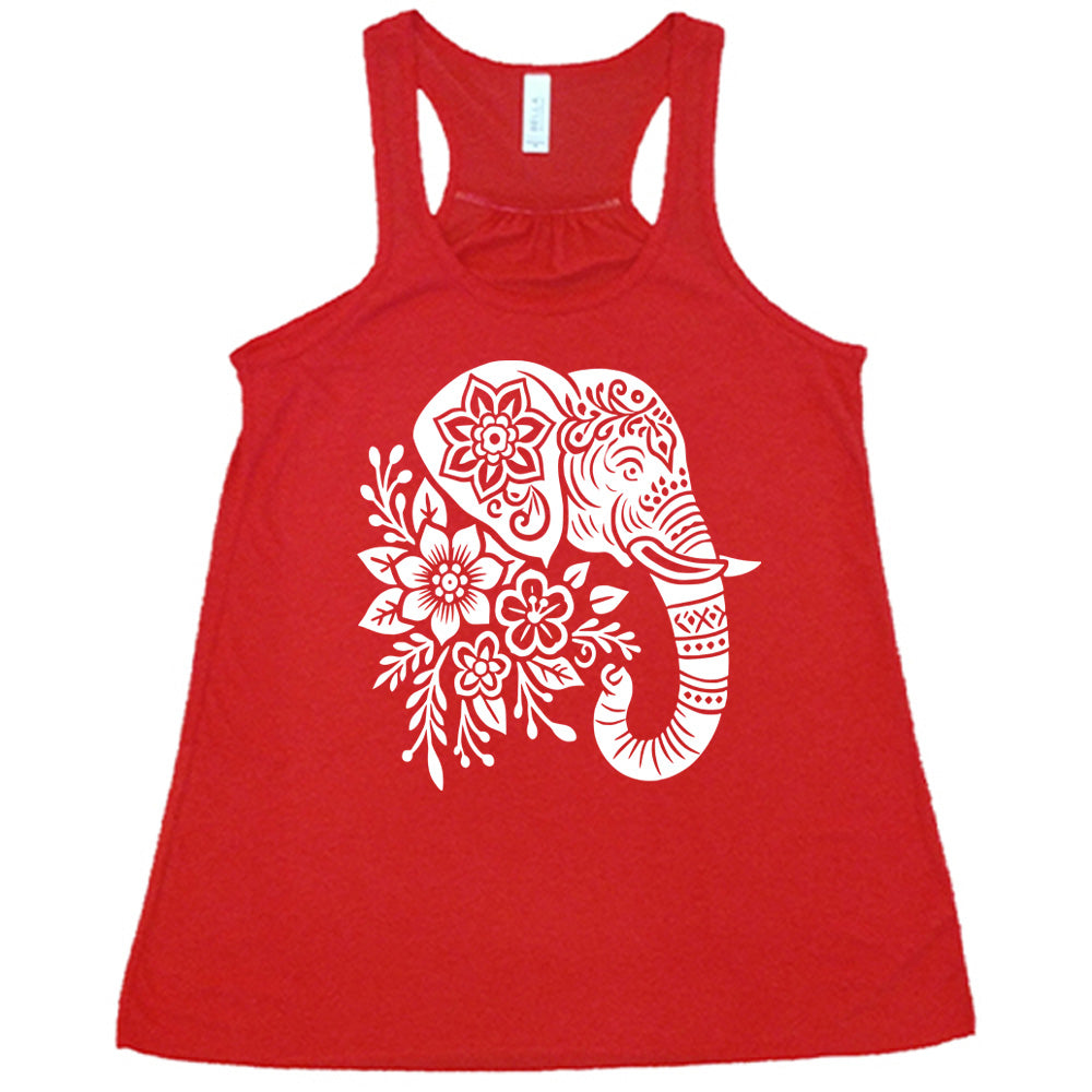 red racerback tank with the large graphic of the profile of an elephant's head, with flowers for a torso, and patterns lining its truck and flowers patterned into its ear and forehead