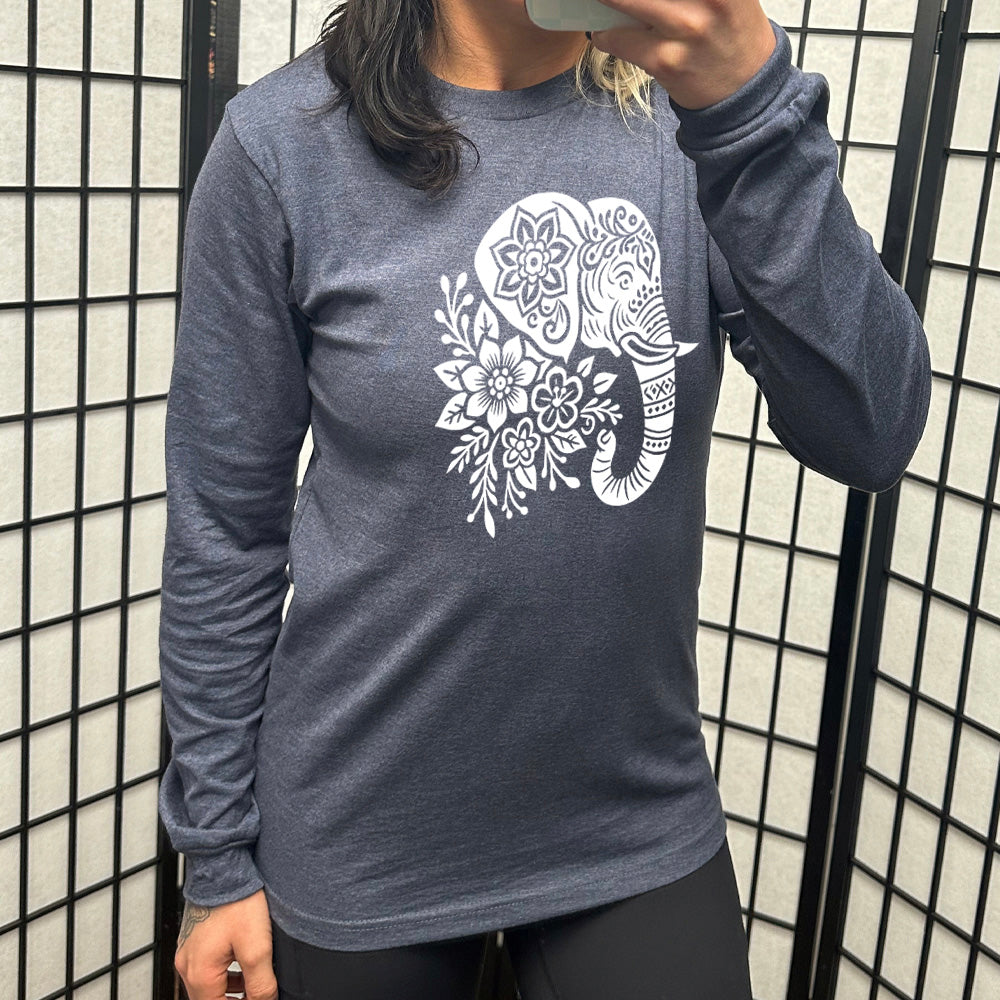heather navy long sleeve tee with the large graphic of the profile of an elephant's head, with flowers for a torso, and patterns lining its truck and flowers patterned into its ear and forehead