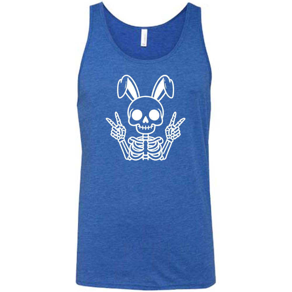 Blue colored tank with a skeleton bunny doing a peace sign graphic on it