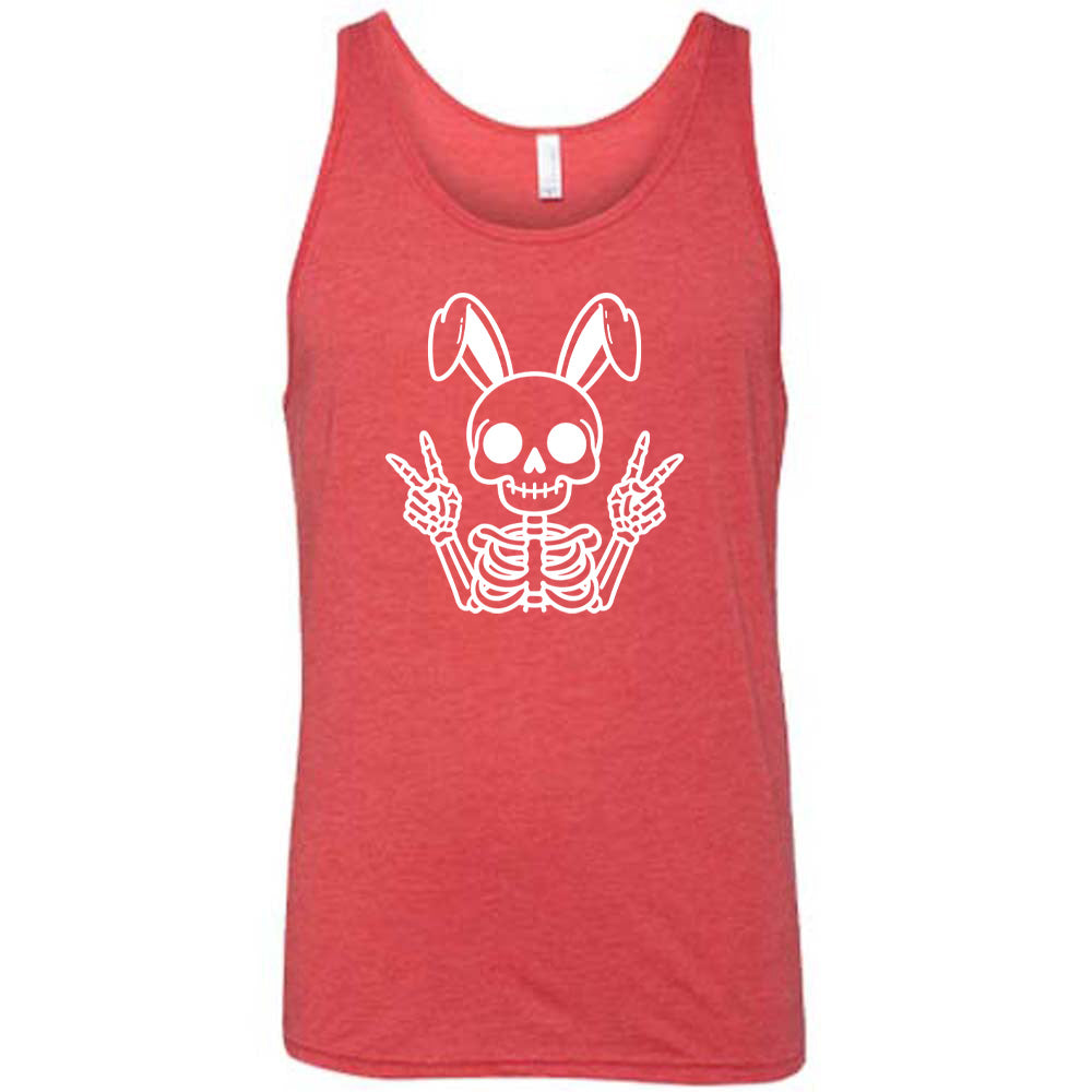 Red colored tank with a skeleton bunny doing a peace sign graphic on it