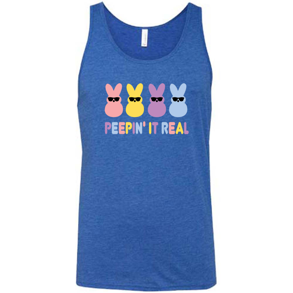 Blue colored tank with an Easter-colored bunnies graphic on it that says "Peepin it Real" 