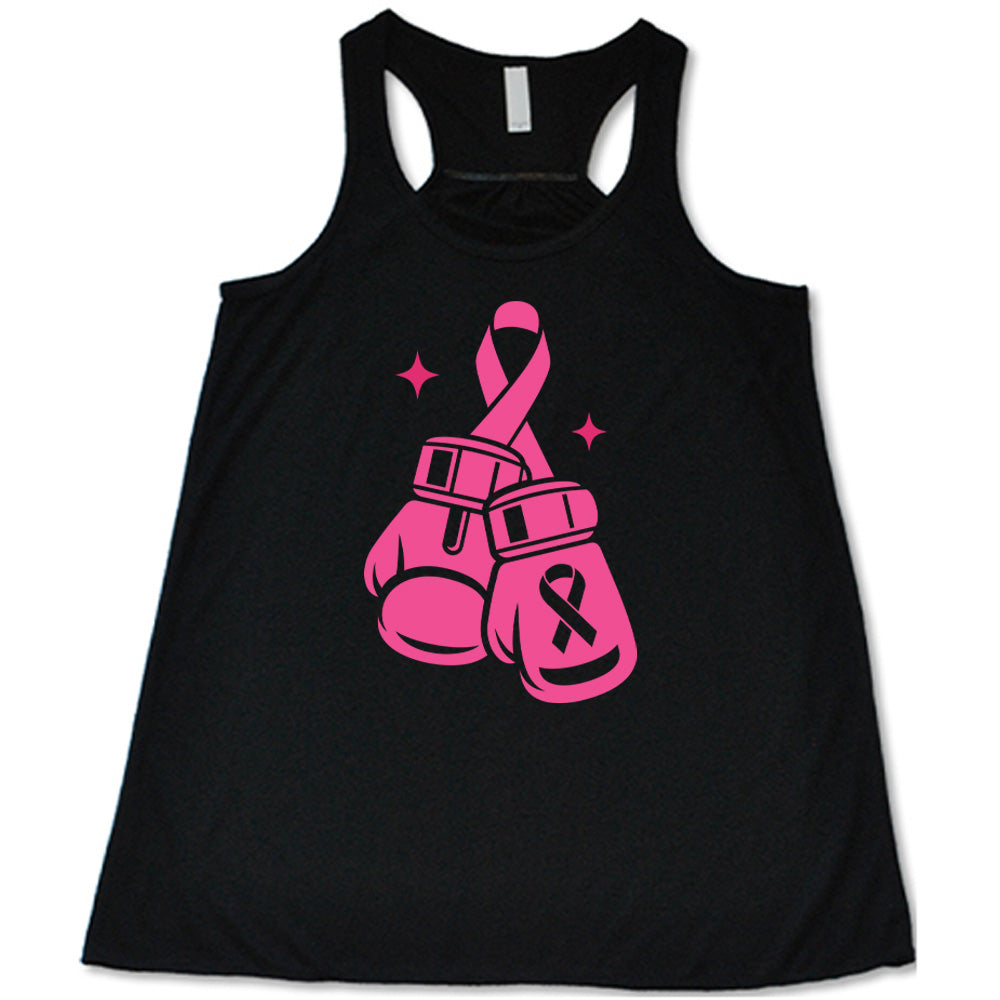 Black tank top with pink boxing gloves and breast cancer awareness design on a white background