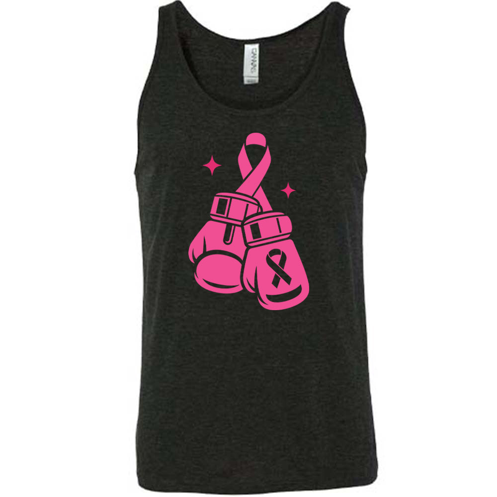 black t-shirt with pink boxing gloves and breast cancer awareness ribbon design on a white background