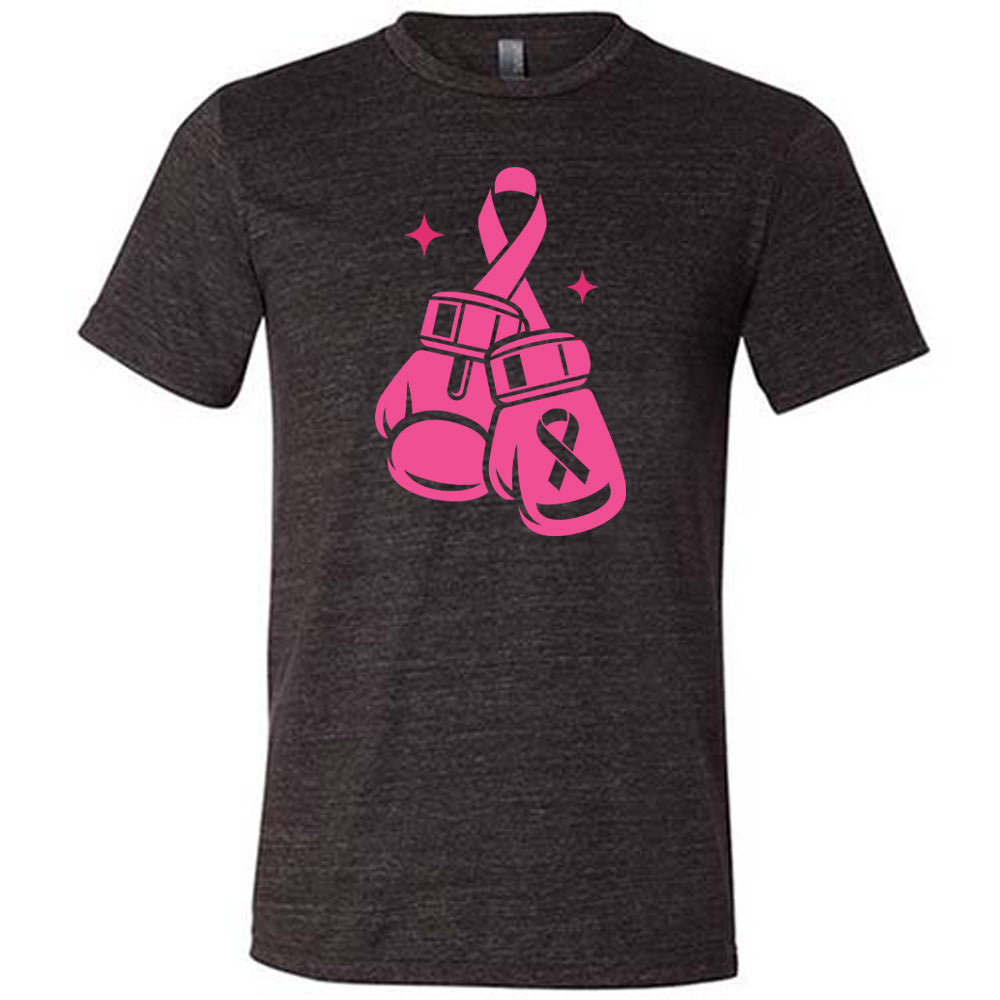 black t-shirt with pink boxing gloves and breast cancer awareness ribbon design on a white background