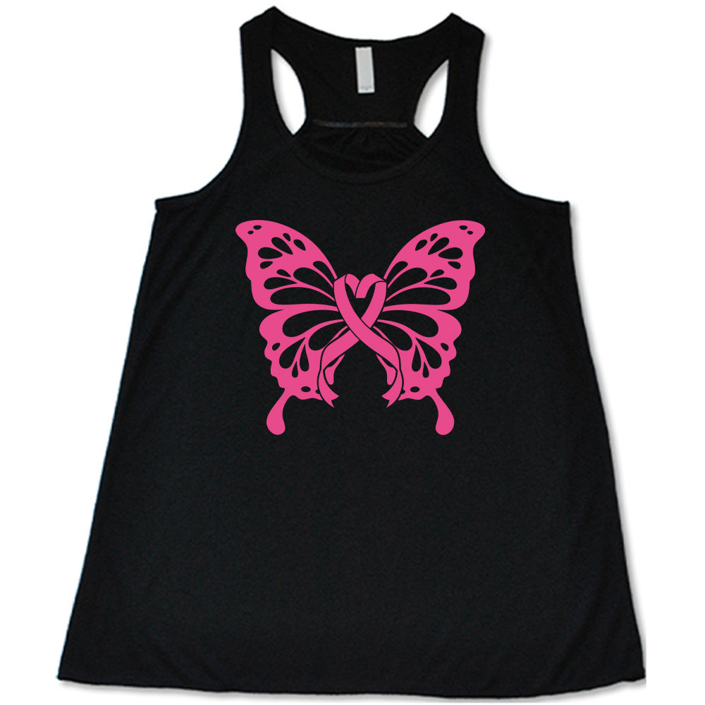 Black tank top with a pink butterfly design on a white background