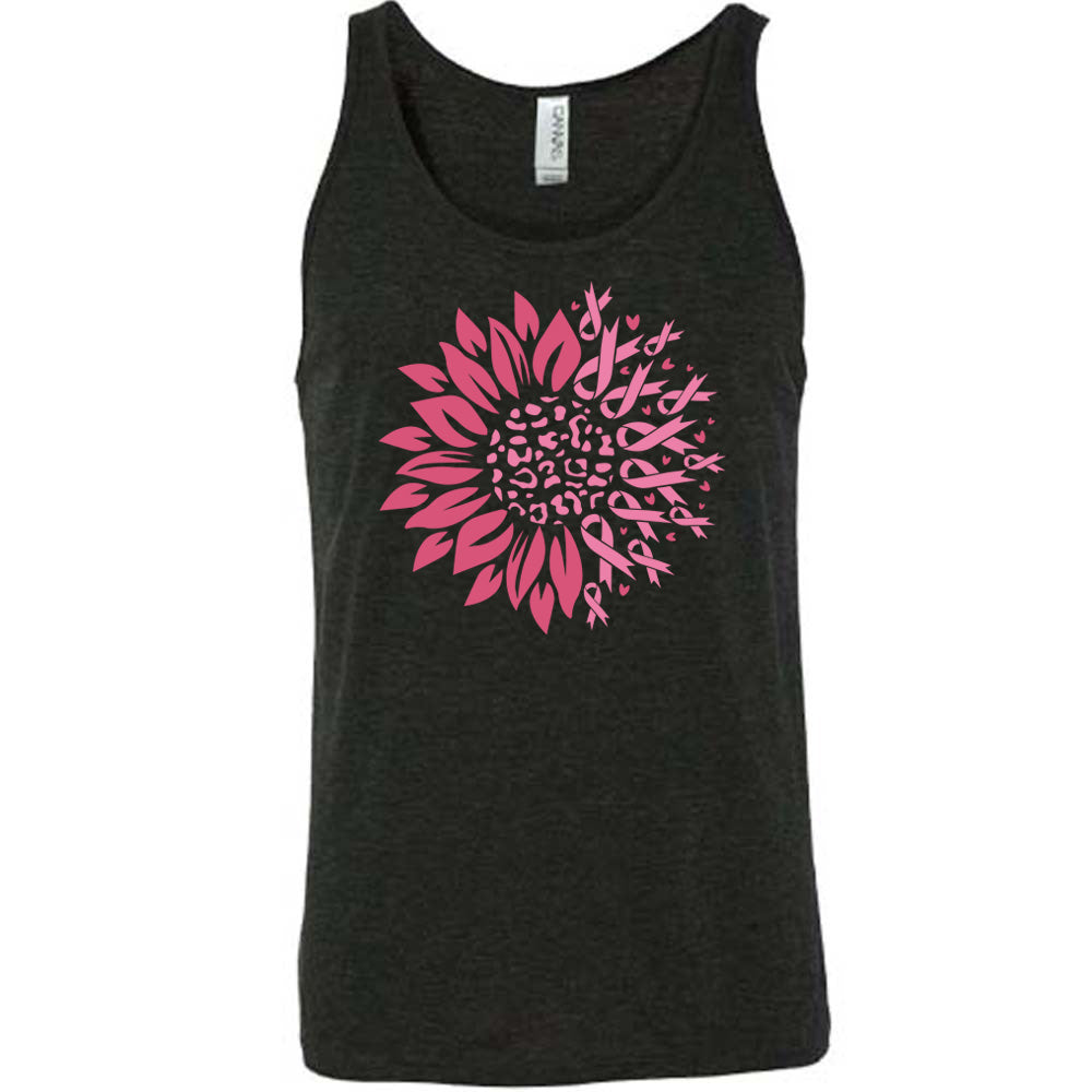 black t-shirt with pink sunflower design featuring breast cancer awareness ribbons on a white background