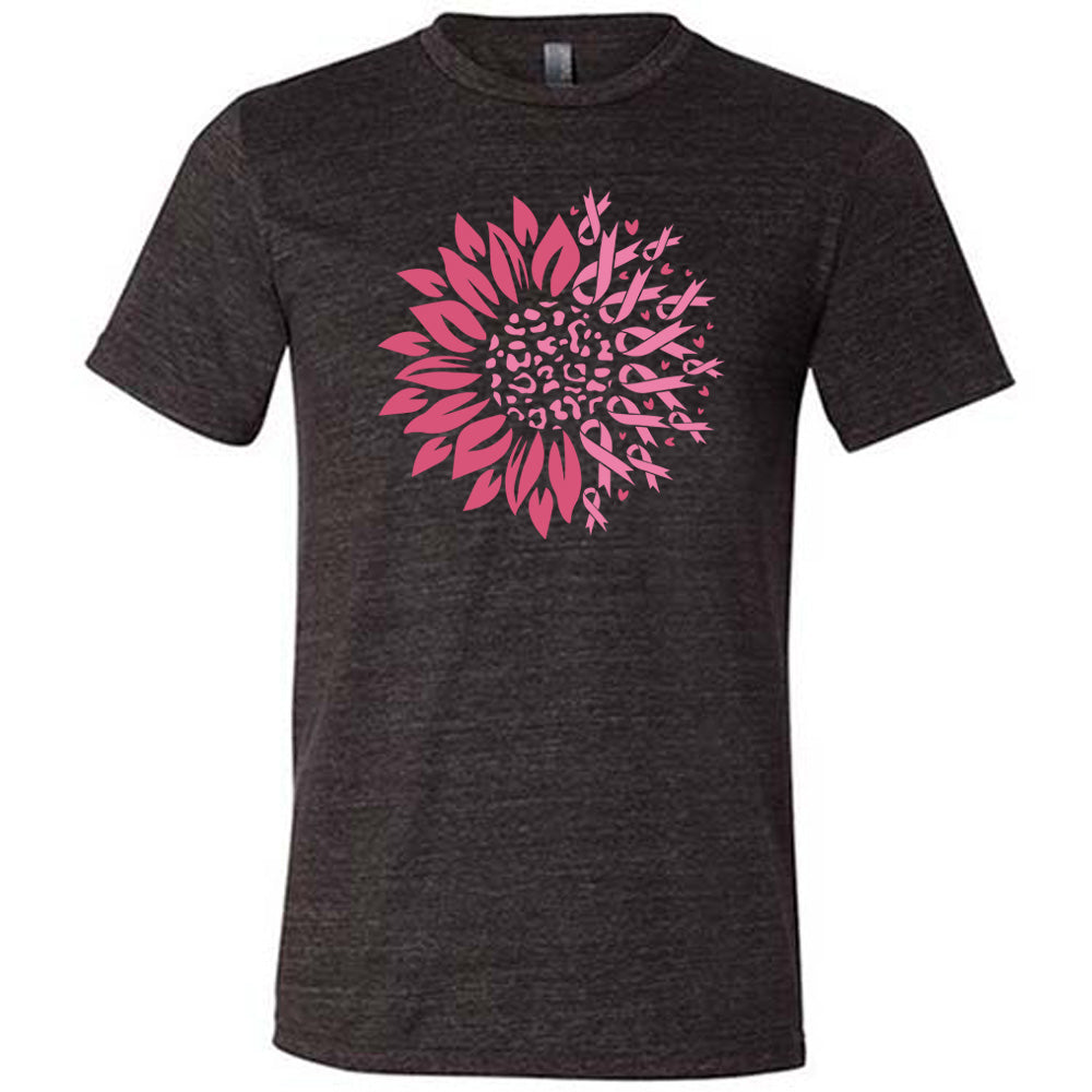 black t-shirt with pink sunflower design featuring breast cancer awareness ribbons on a white background
