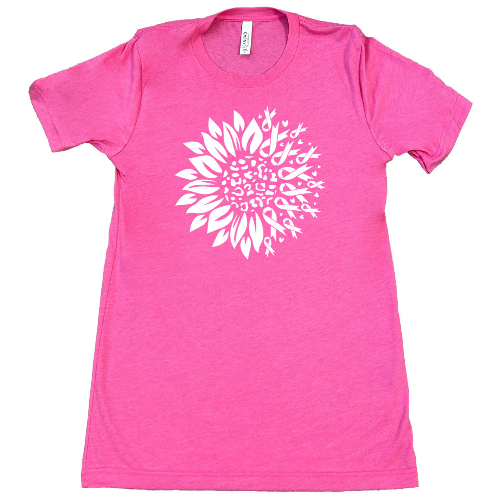 pink t-shirt with pink sunflower design featuring breast cancer awareness ribbons on a white background