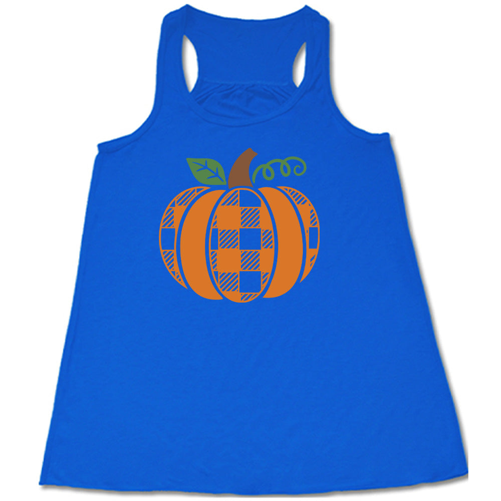 Blue colored flowy tank with plaid pumpkin graphic on it