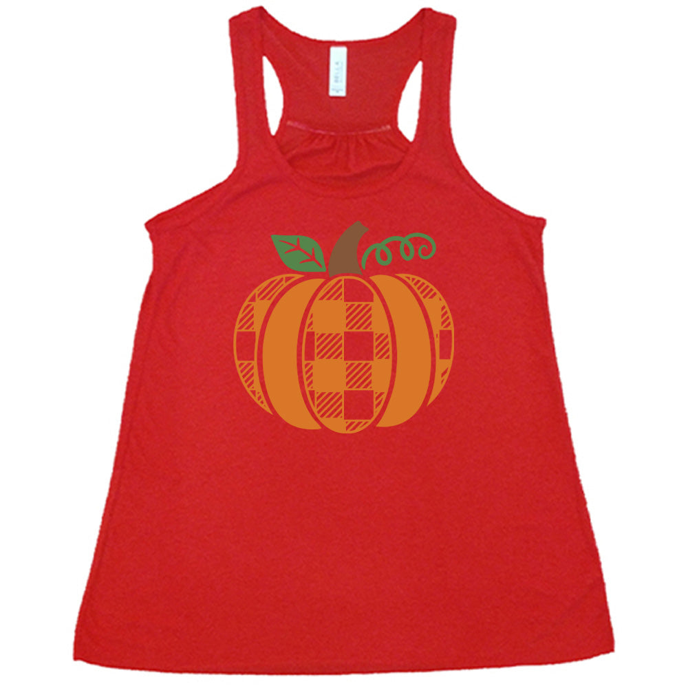 Red colored flowy tank with plaid pumpkin graphic on it