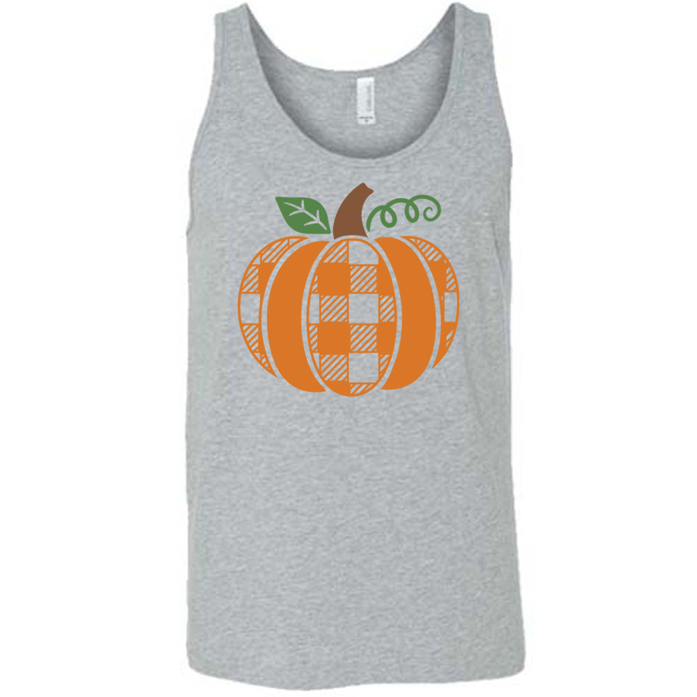 Grey colored tank with plaid pumpkin graphic on it