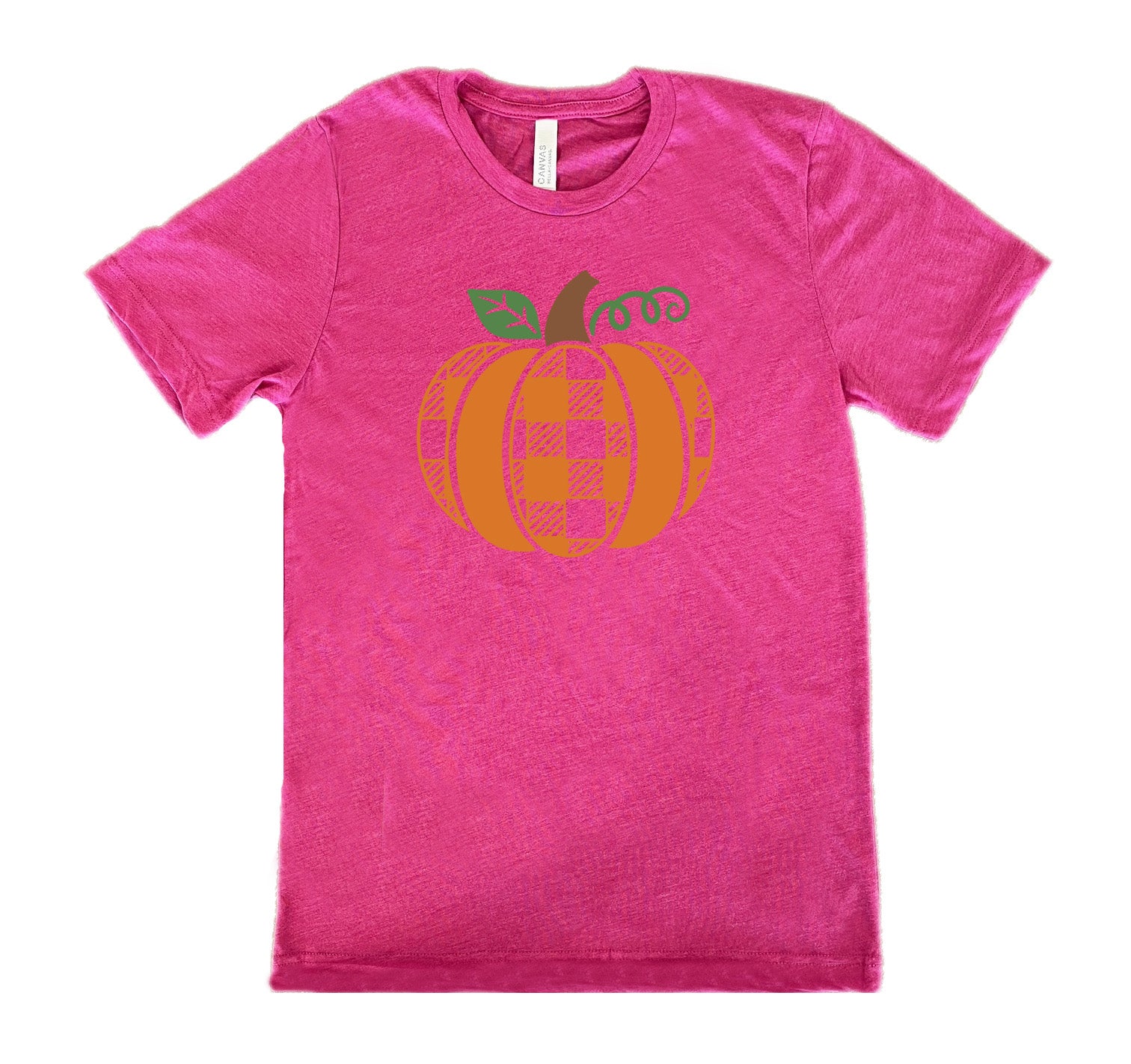 Berry colored shirt with plaid pumpkin graphic on it