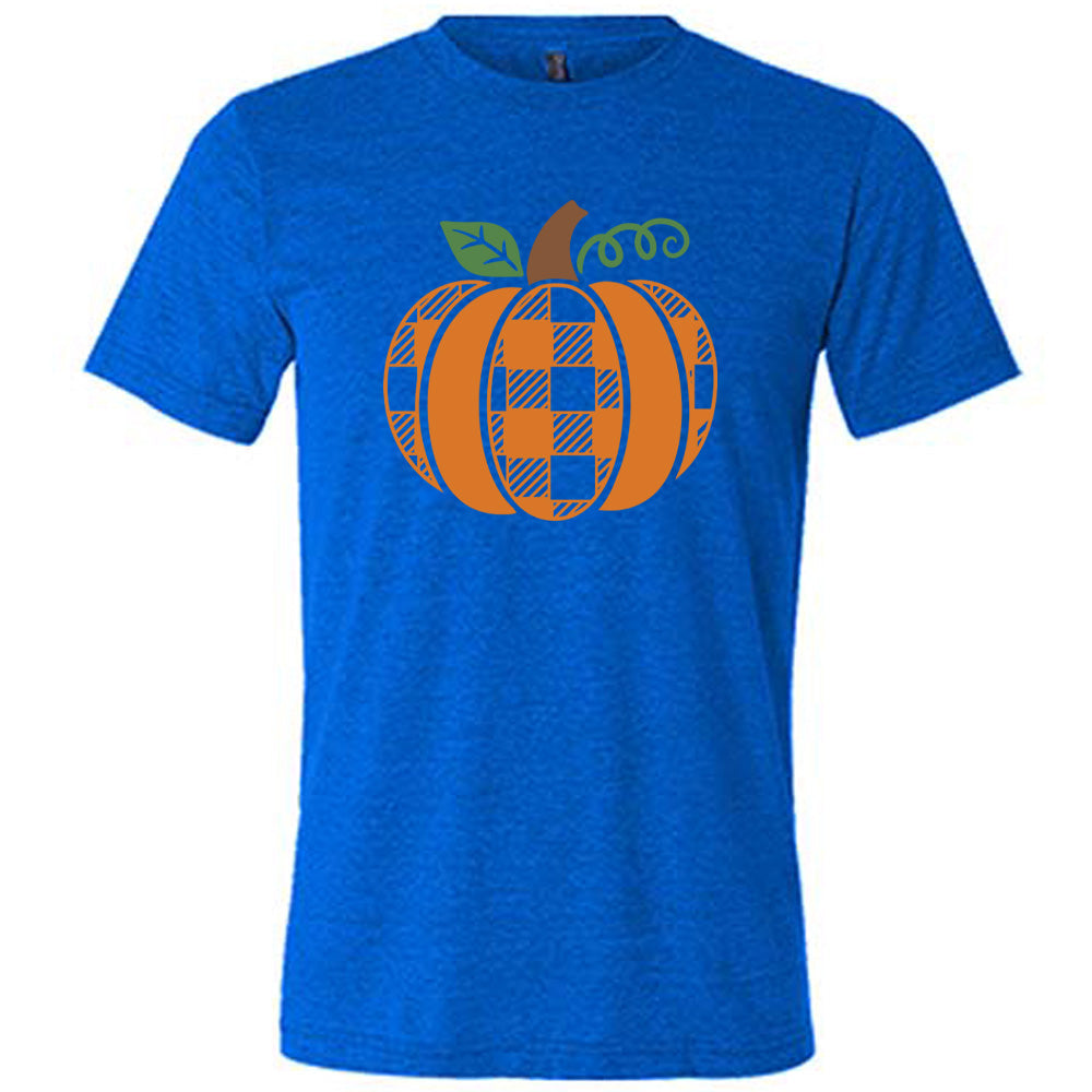 Blue colored shirt with plaid pumpkin graphic on it