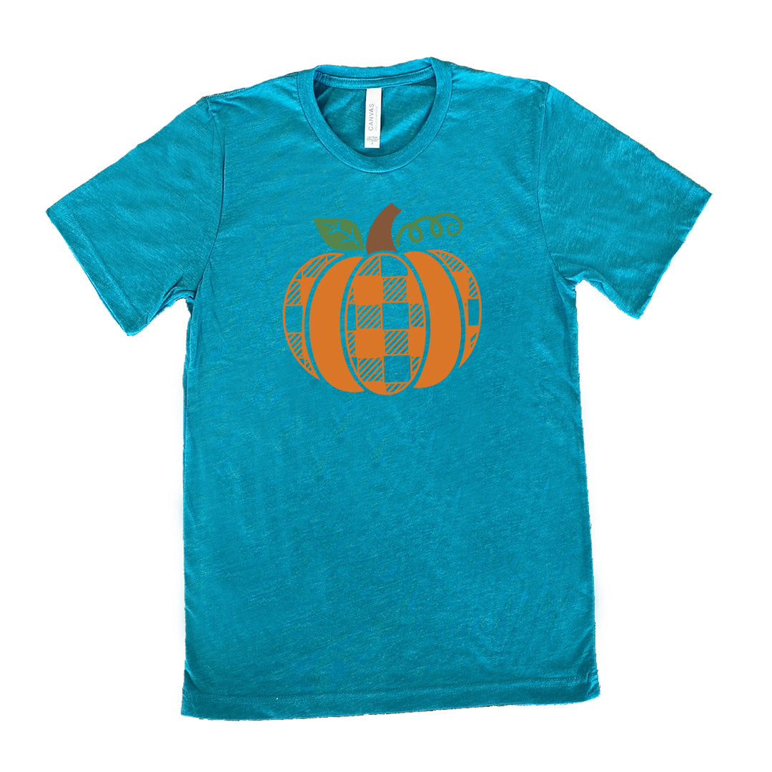 Teal colored shirt with plaid pumpkin graphic on it