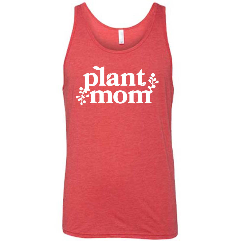Red colored tank with a plant graphic on it that says "Plant Mom"