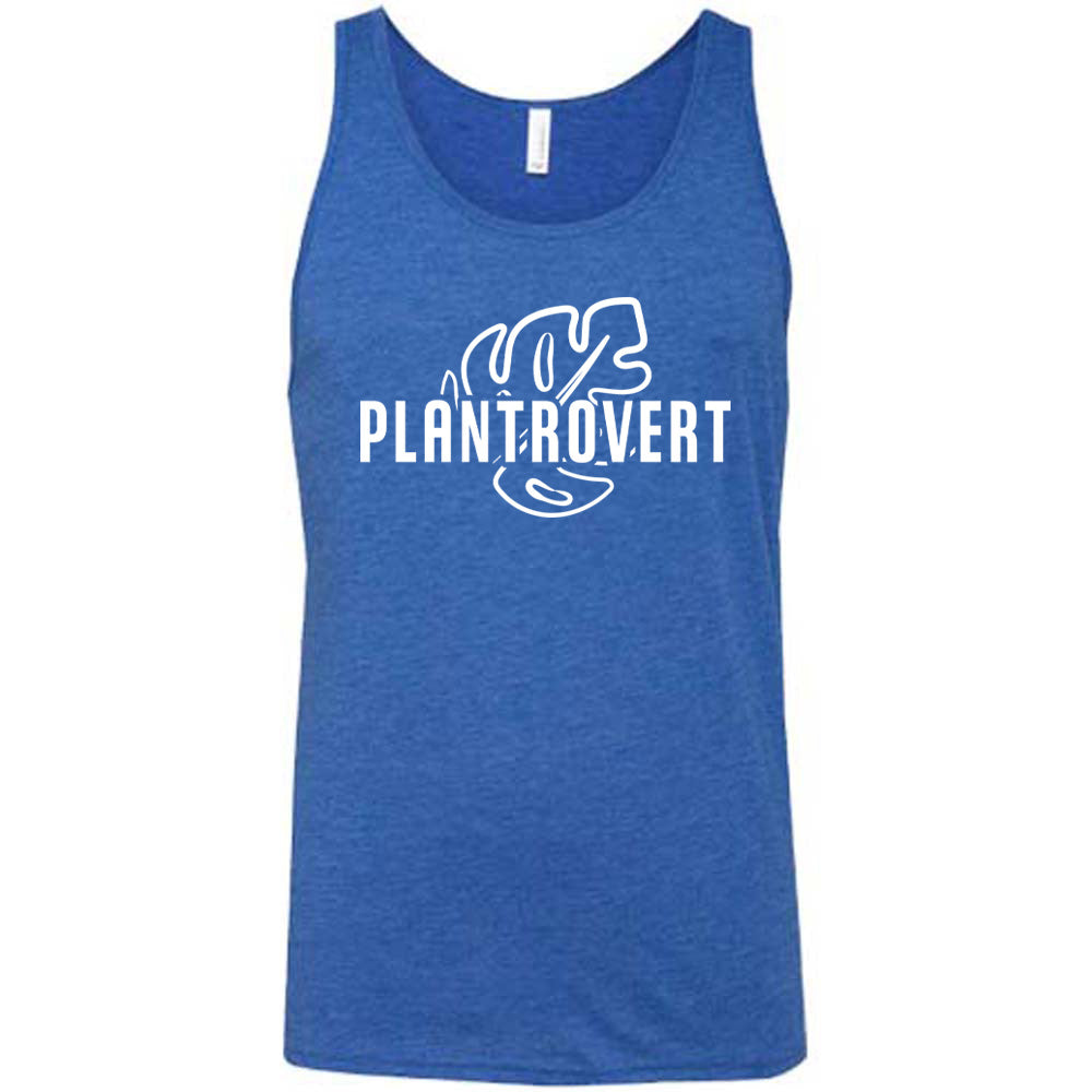 Blue colored tank with a leaf graphic on it that says "Plantrovert" 