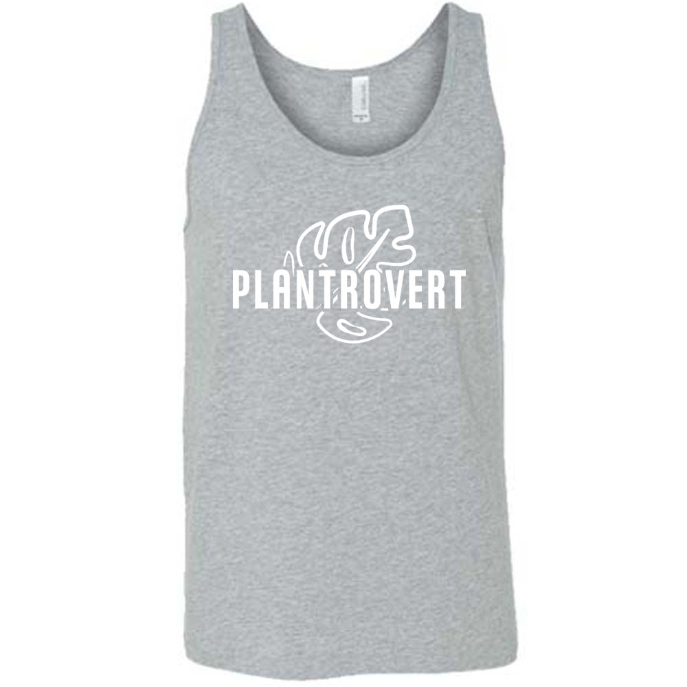 Grey colored tank with a leaf graphic on it that says "Plantrovert" 