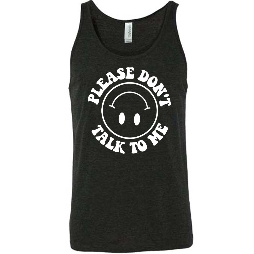 black unisex tank with the words "please don't talk to me" creating mirrored arcs around the outlined circle graphic of an upside-down happy face