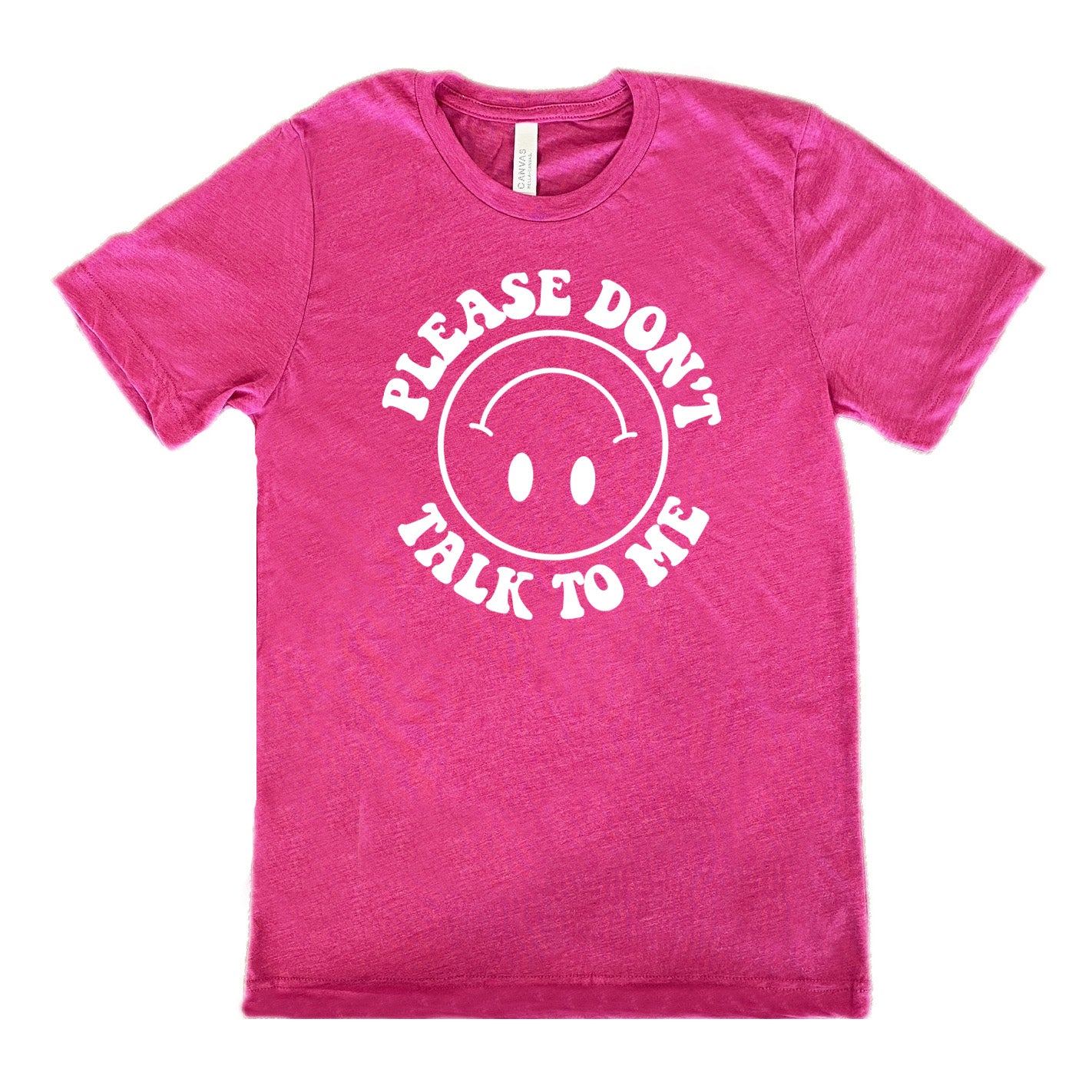 berry unisex tee with the words "please don't talk to me" creating mirrored arcs around the outlined circle graphic of an upside-down happy face