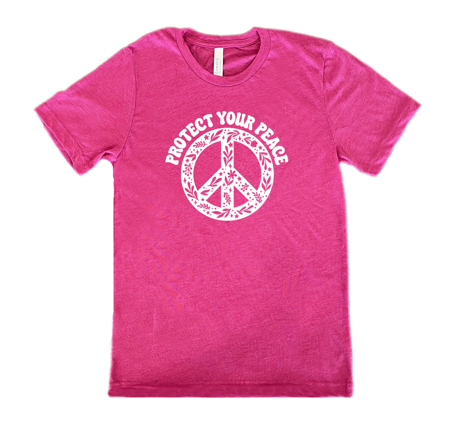 berry shirt with the text "protect your peace" and a peace sign graphic on it