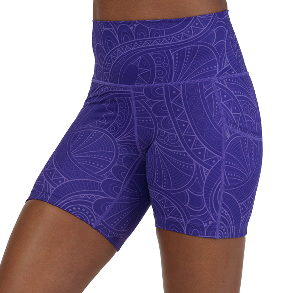 purple shorts with a spiral design