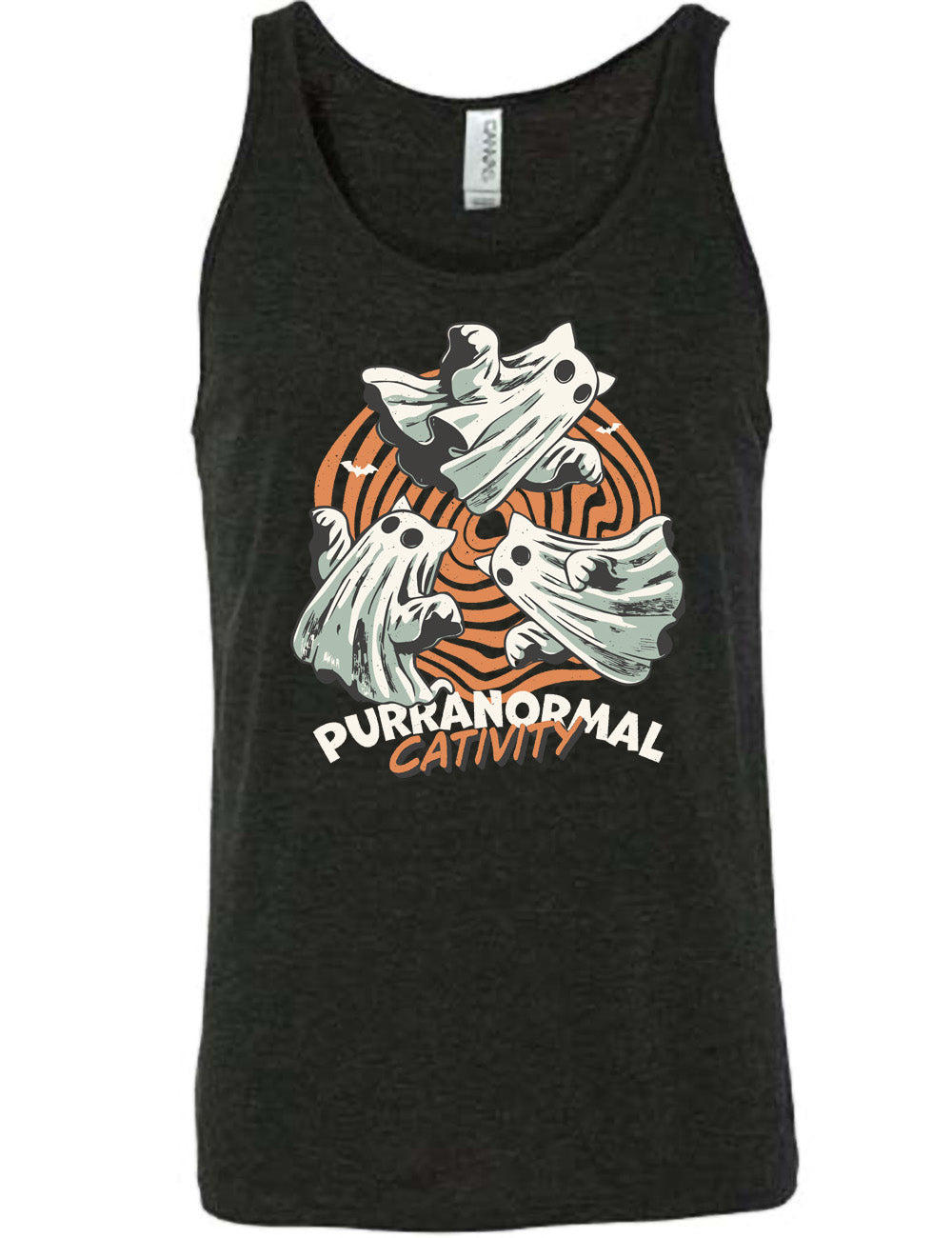 black unisex tank with the graphic of three cat-ghosts swirling in a circle, in front of a spiraled background, with words underneath saying "purranormal cativity"