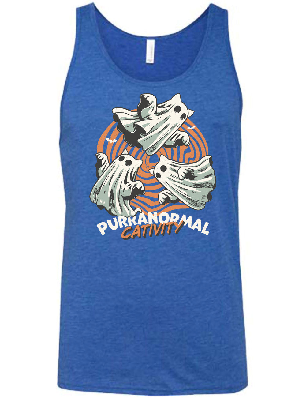 blue unisex tank with the graphic of three cat-ghosts swirling in a circle, in front of a spiraled background, with words underneath saying "purranormal cativity"