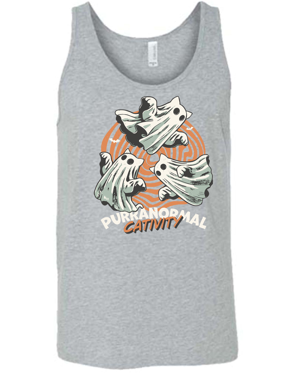 grey unisex tank with the graphic of three cat-ghosts swirling in a circle, in front of a spiraled background, with words underneath saying "purranormal cativity"
