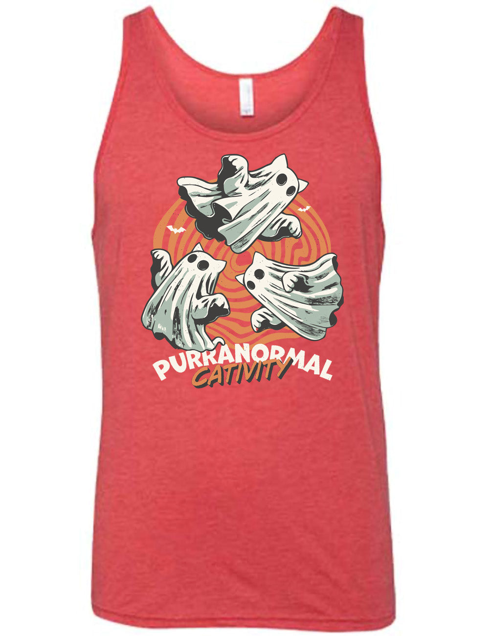 red unisex tank with the graphic of three cat-ghosts swirling in a circle, in front of a spiraled background, with words underneath saying "purranormal cativity"