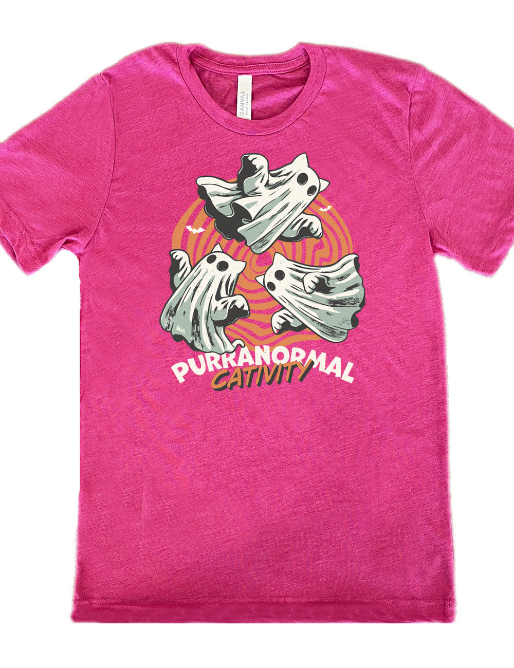 berry unisex tee with the graphic of three cat-ghosts swirling in a circle, in front of a spiraled background, with words underneath saying "purranormal cativity"