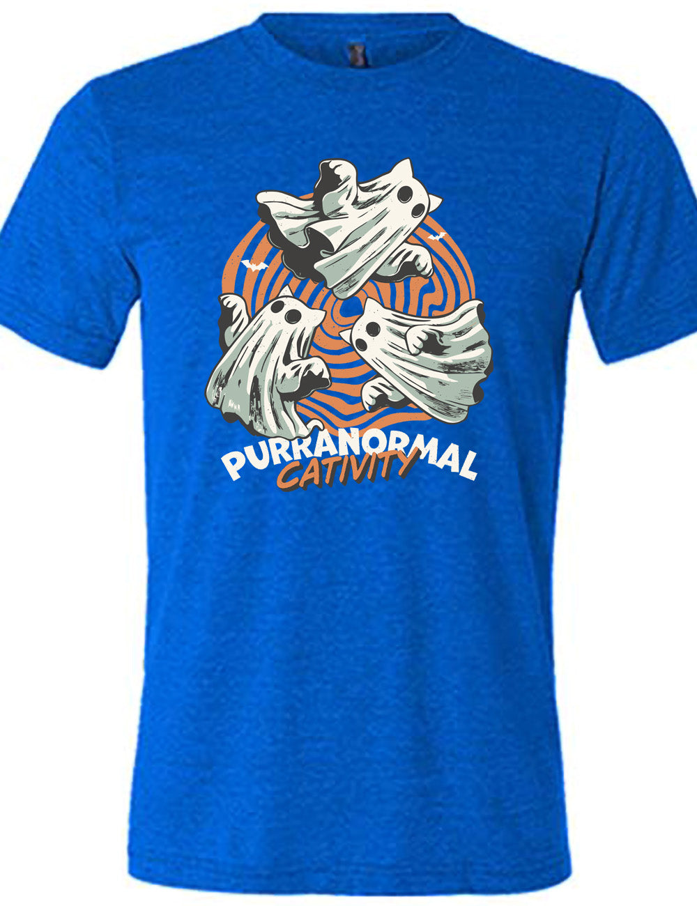 blue unisex tee with the graphic of three cat-ghosts swirling in a circle, in front of a spiraled background, with words underneath saying "purranormal cativity"