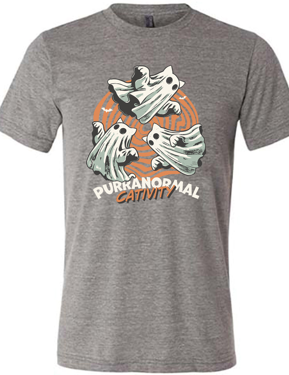 grey unisex tee with the graphic of three cat-ghosts swirling in a circle, in front of a spiraled background, with words underneath saying "purranormal cativity"