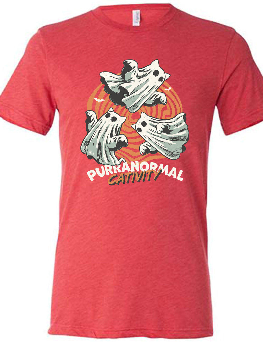 red unisex tee with the graphic of three cat-ghosts swirling in a circle, in front of a spiraled background, with words underneath saying "purranormal cativity"