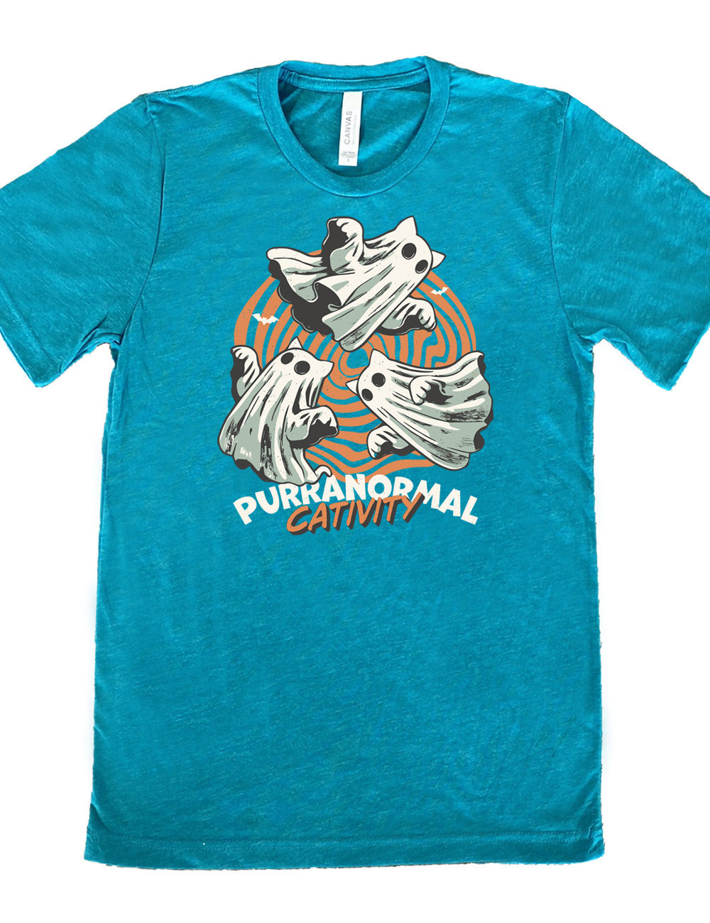 teal unisex tee with the graphic of three cat-ghosts swirling in a circle, in front of a spiraled background, with words underneath saying "purranormal cativity"