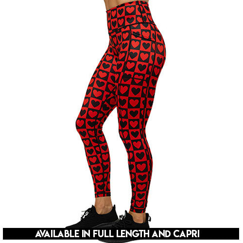black and red heart pattern leggings available in full and capri length
